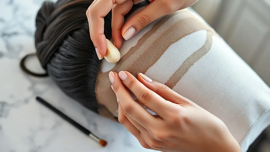 Hands pressing tinted powder through a lace front wig edge onto a mannequin head with a makeup sponge