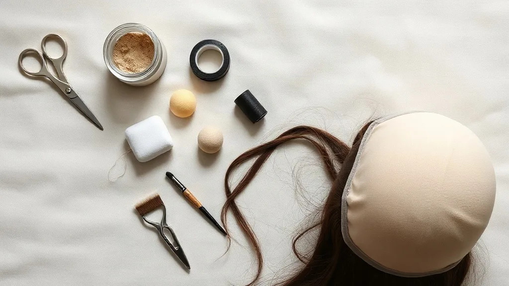 Overhead flat lay of lace front wig installation tools including adhesive tape, tinted powder, small scissors, edge brush and a wig on a mannequin head