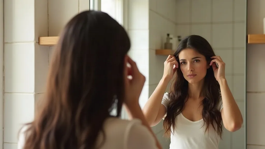 A woman in a bathroom adjusting the hairline of her lace front wig while looking in a mirror