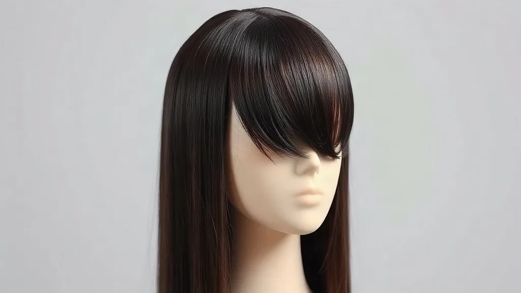 A dark brown lace front wig displayed on a matte mannequin head against a soft neutral studio background