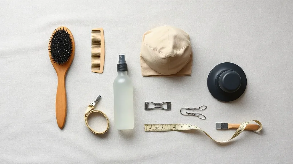 Overhead flat lay of wig care tools including a loop brush, wide-tooth comb, wig cap, tint spray, clips, and measuring tape