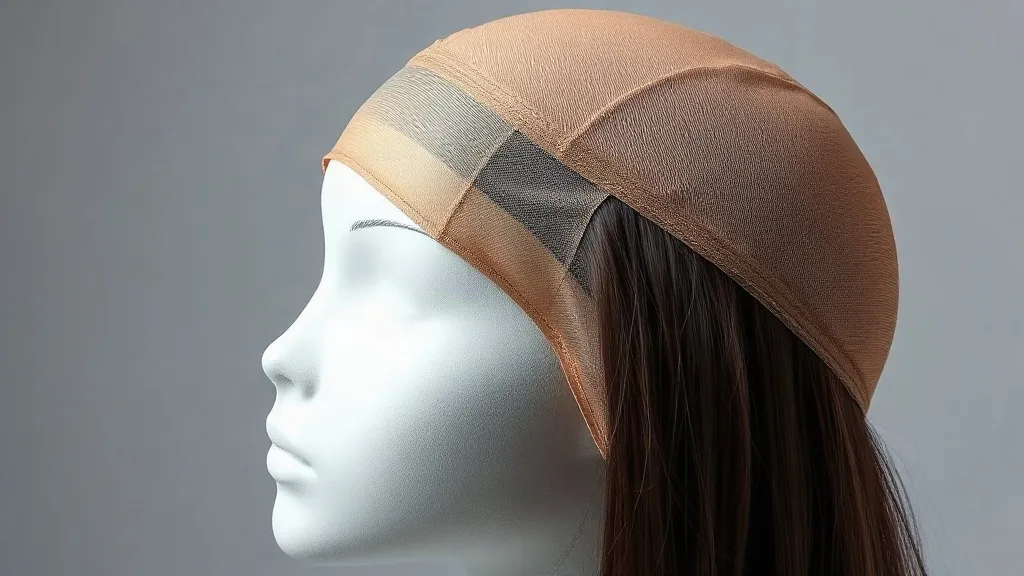 Close-up of a wig cap construction on a mannequin head showing lace front and wefted back.