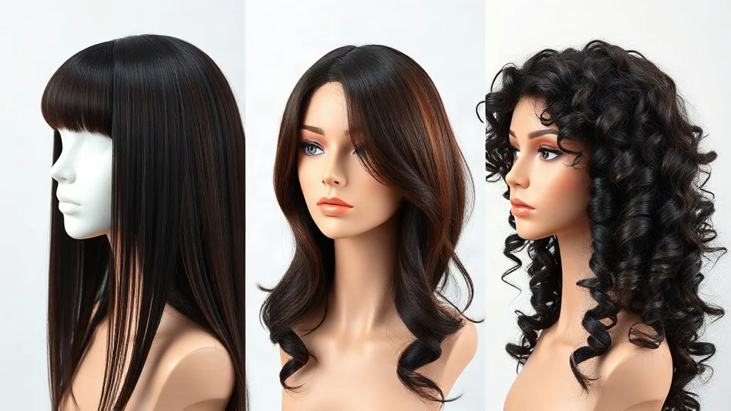 Three mannequin heads displaying different long wig styles: straight, body wave, and deep curly.