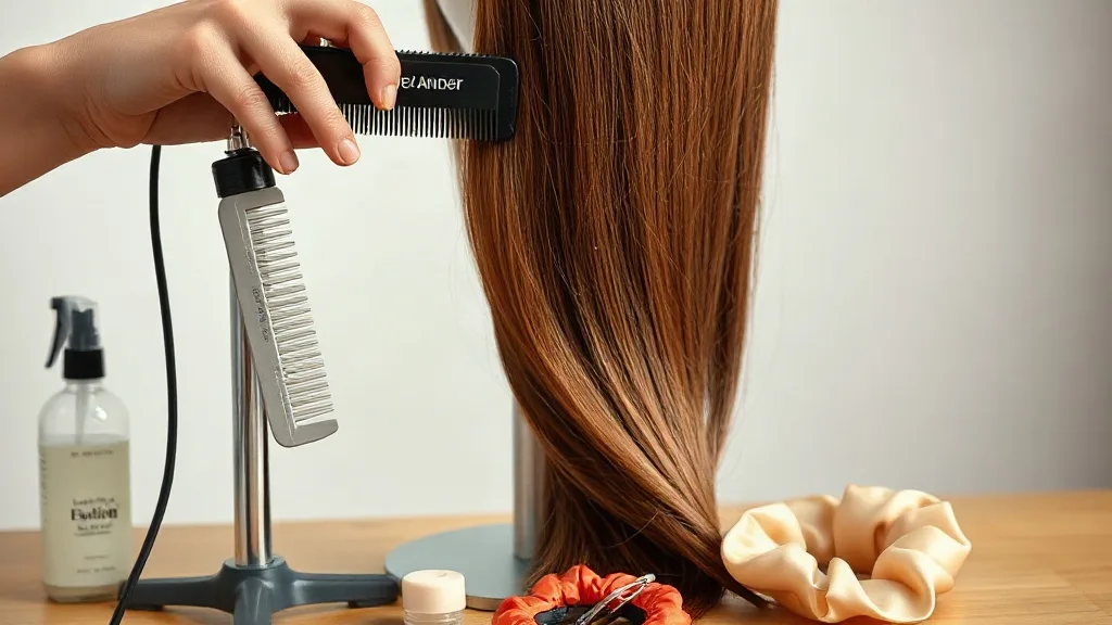 Hands gently combing the lower half of a long chestnut wig with a wide-tooth comb on a wig stand, with a leave-in conditioner spray bottle nearby