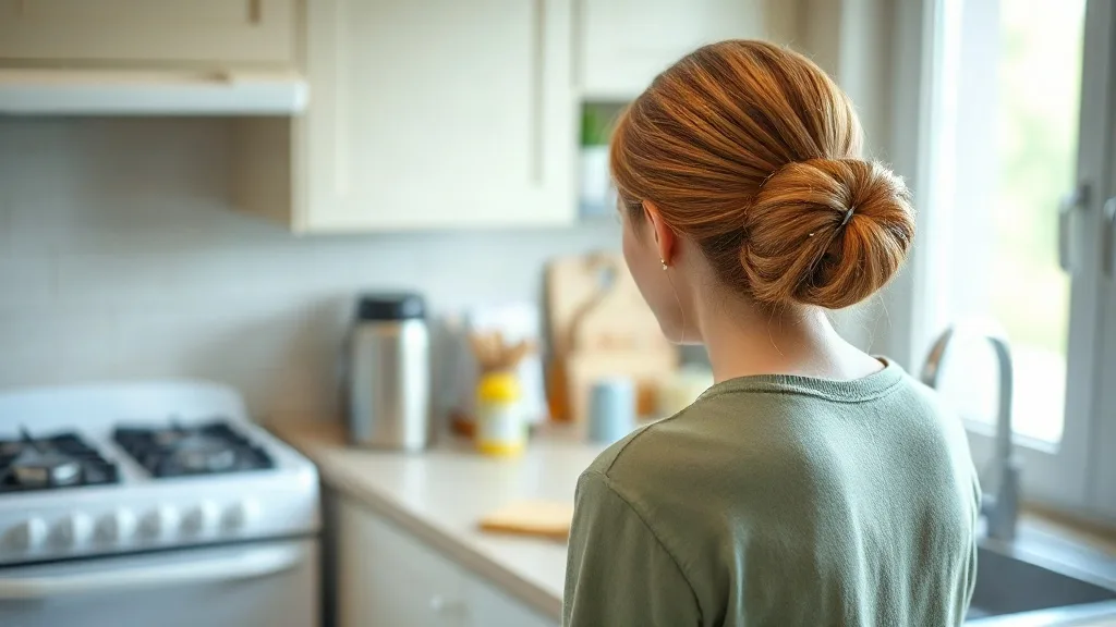 Person pinning long wig hair into a low bun before cooking at a kitchen counter with the electric stove switched off