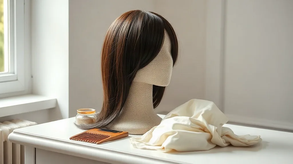 Long glossy dark brown wig displayed on a canvas block head beside a wide-tooth comb and a cream silk bonnet on a dressing table
