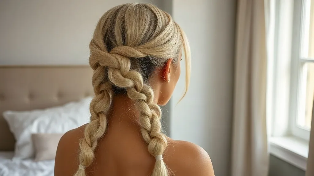 Woman wearing a long blonde wig styled in a loose side braid, securing the end with a satin-covered elastic in front of a bedroom mirror