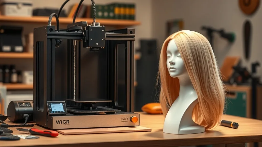 A 3D printer creating a custom wig stand with a wig placed on it