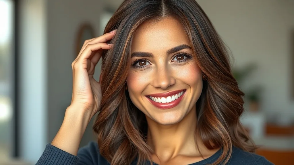 A woman with a natural-looking wig smiling and touching her wig with confidence