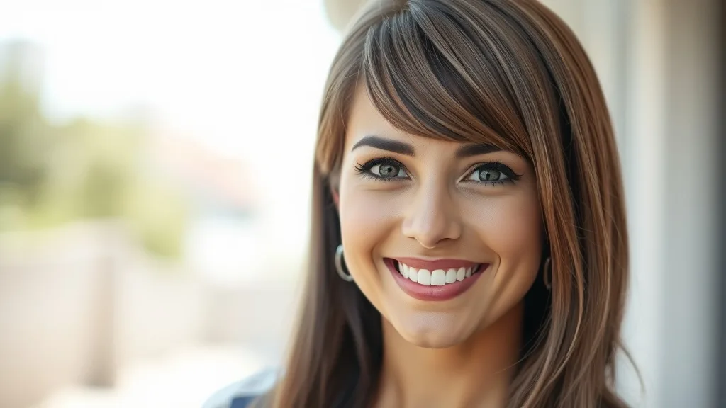 A woman wearing a natural-looking matte wig in outdoor daylight, the wig has low shine