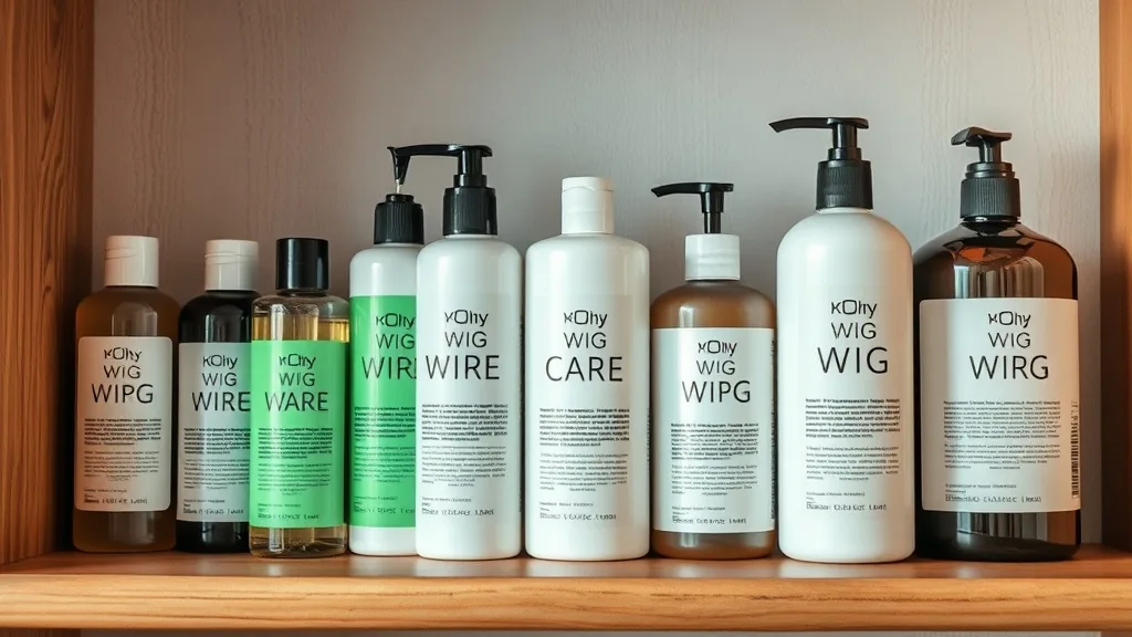 Various wig care products including shampoo, conditioner, and anti-shine spray on a shelf