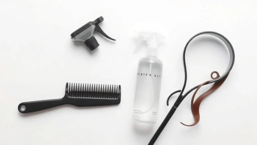 Wide-tooth comb, spray bottle, and wig stand on a table