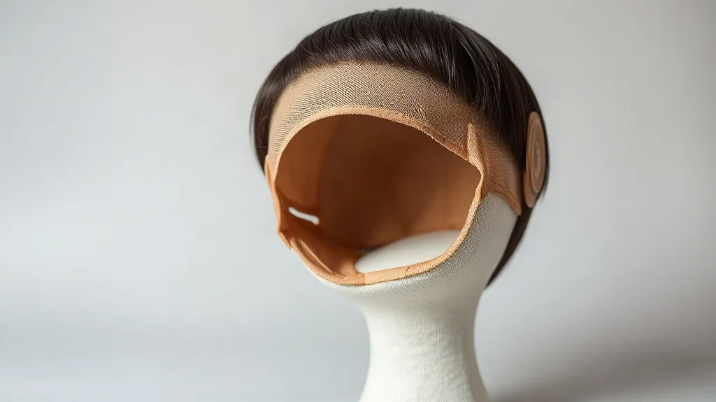 Close-up of a short pixie cut wig on a canvas block showing the lace front hairline, ear tabs and adjustable straps inside the cap
