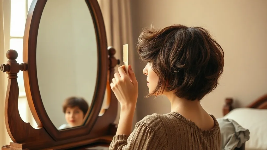 Woman sitting at a vintage vanity mirror adjusting a tousled chestnut brown pixie cut wig while lifting the fringe with her fingers