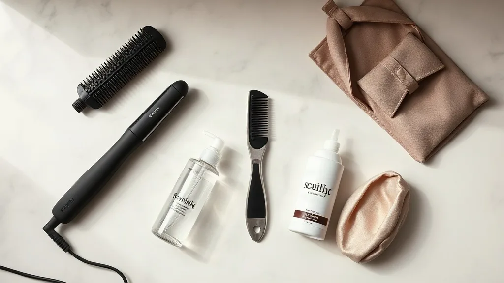 Overhead flat lay of pixie wig styling tools including a small flat iron, mini round brush, fine comb, water spray bottle, texture spray and satin bonnet on a marble counter