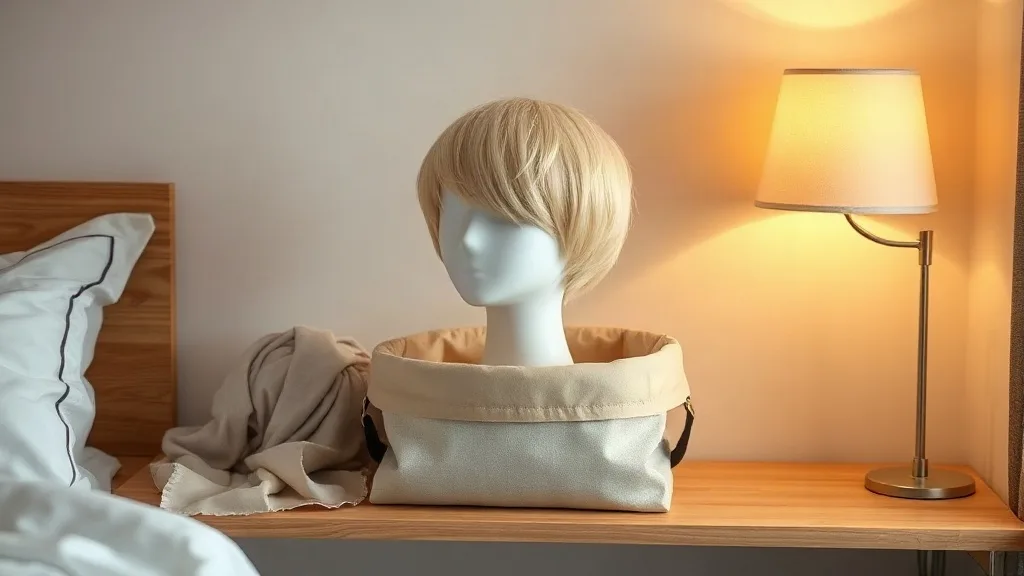 Short blonde pixie cut wig on a mannequin head inside a satin-lined storage bag on a bedroom shelf with a folded silk scarf nearby