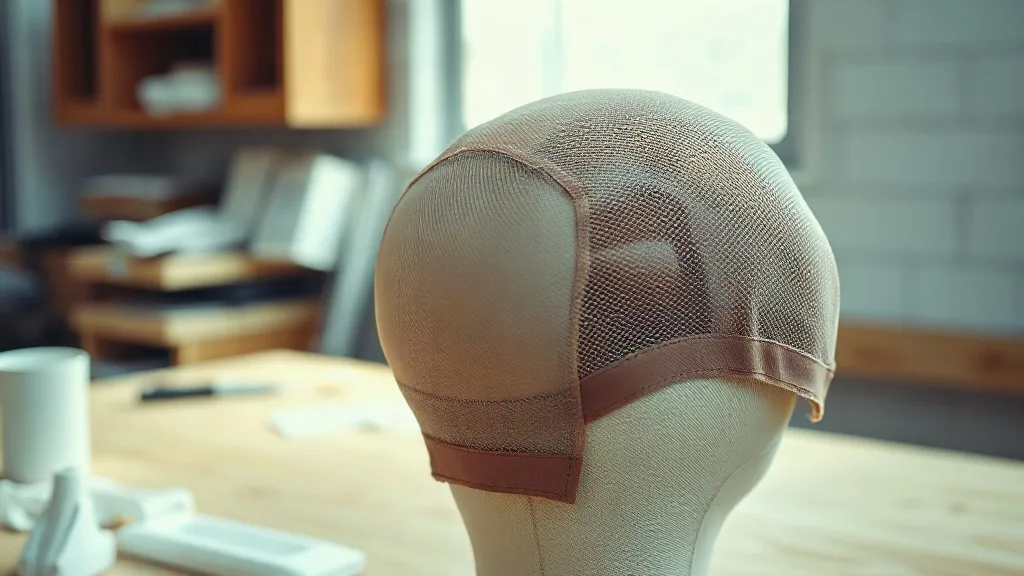 Interior view of a short pixie wig on a canvas block showing monofilament top, lace front, adjustable strap and nape comb