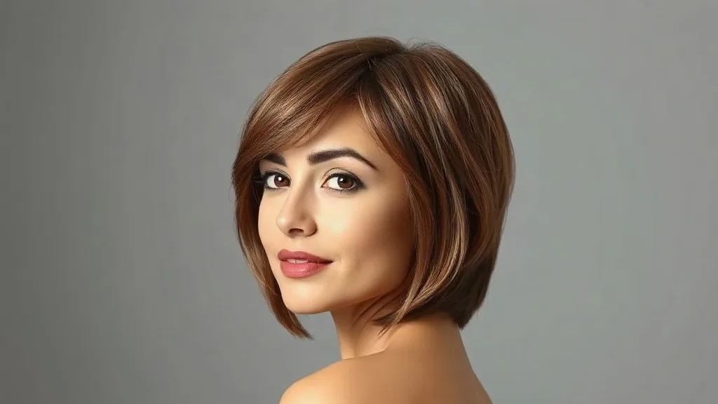 Woman wearing a textured chestnut pixie cut wig, head turned three-quarters toward the camera in soft studio light