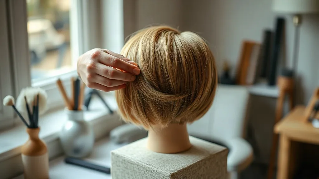Hands using fingertips and a small amount of styling wax to piece out the ends of a short pixie wig on a canvas block