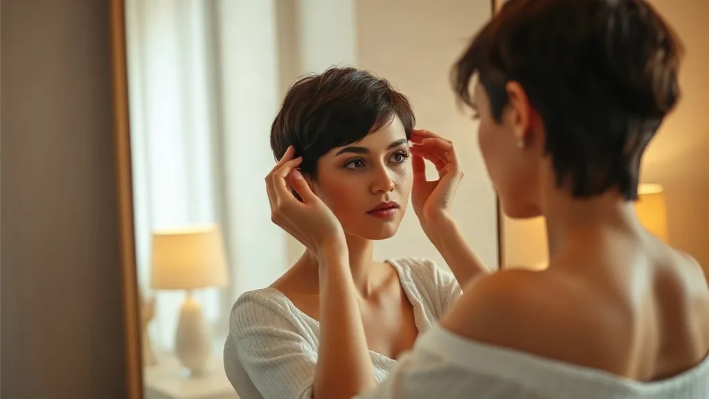 Woman seated at a softly lit vanity mirror adjusting the nape of a short dark pixie wig, seen partly in reflection