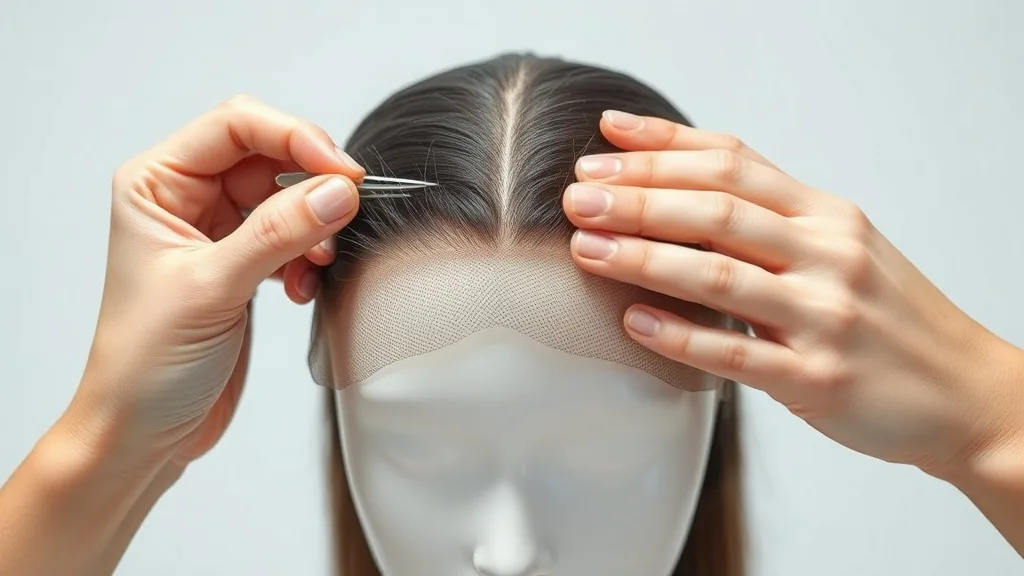 Hands plucking hairs from a wig lace front with tweezers under bright light