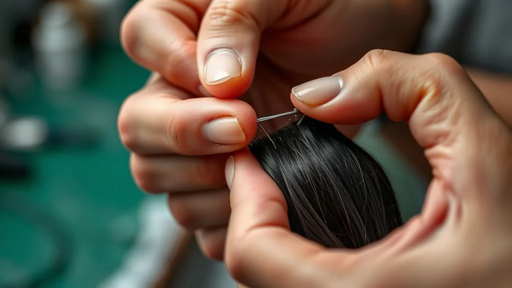 Hands of a craftsman using a ventilating needle to tie hair into a lace base