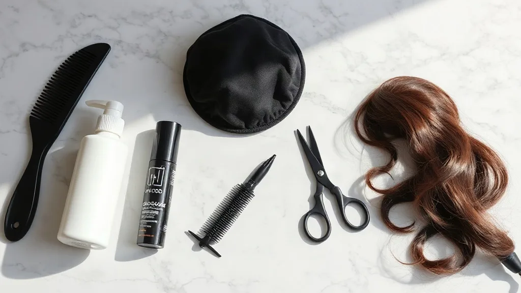 Flat lay of wig styling tools including comb, dry shampoo, wig cap, and lace tint spray.