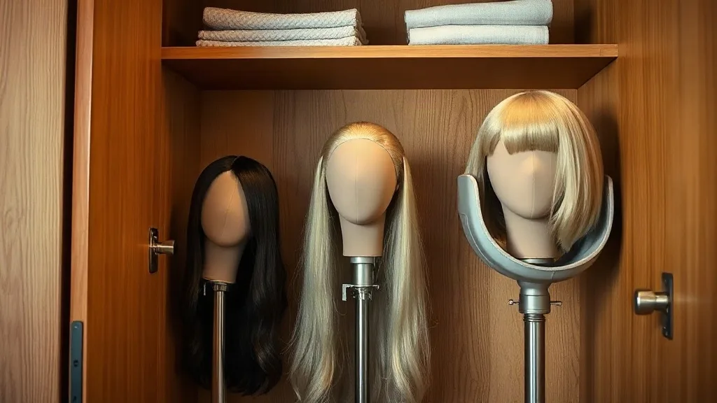 Three synthetic wigs on individual stands lined up inside a wardrobe, each covered with a light breathable dust bag