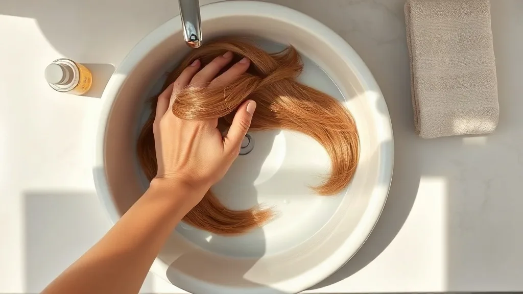 Two hands gently swishing a light brown synthetic wig in a white basin filled with cool water