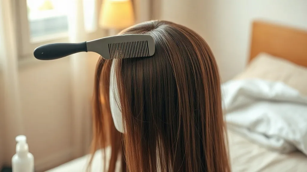 A wide-tooth comb passing through the ends of a damp long synthetic wig resting on a towel-covered wig stand