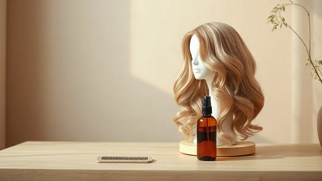 A shoulder-length wavy synthetic lace-front wig displayed on a canvas wig block on a bright worktable, with a wide-tooth comb and spray bottle nearby
