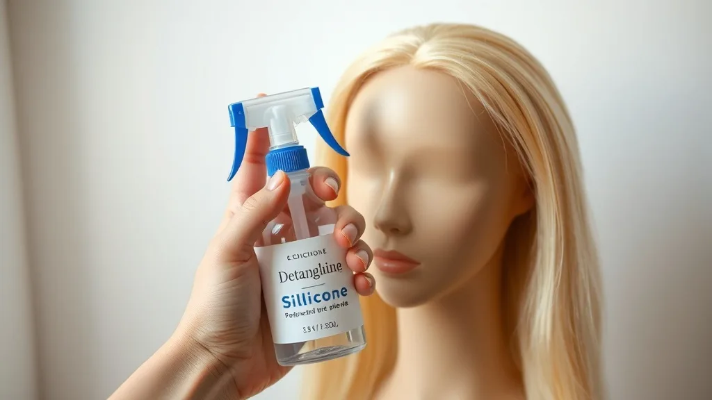 Hand holding a silicone-based detangling spray bottle next to a wig on a mannequin head