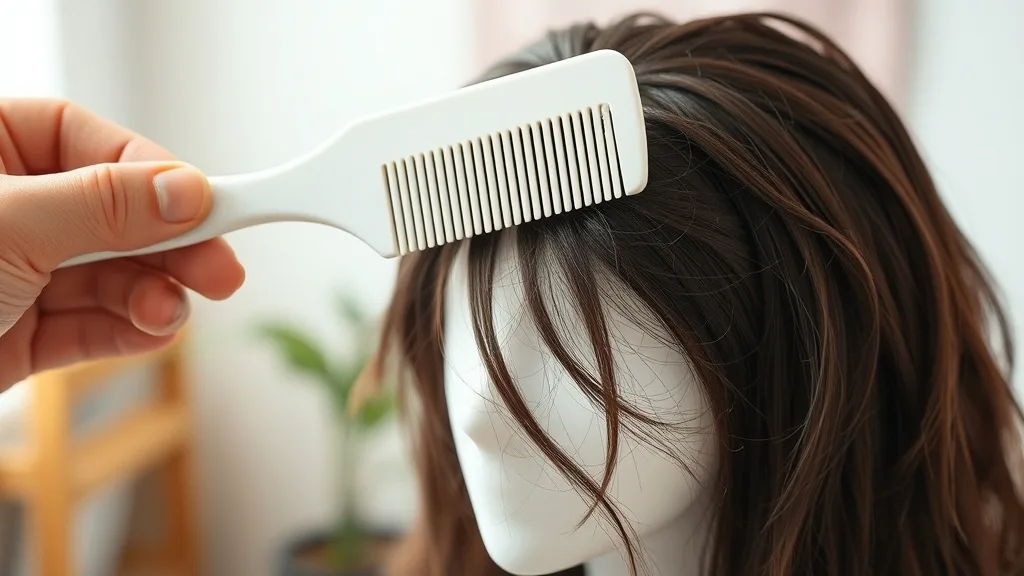 A wide-tooth comb being used to gently detangle a synthetic wig on a stand
