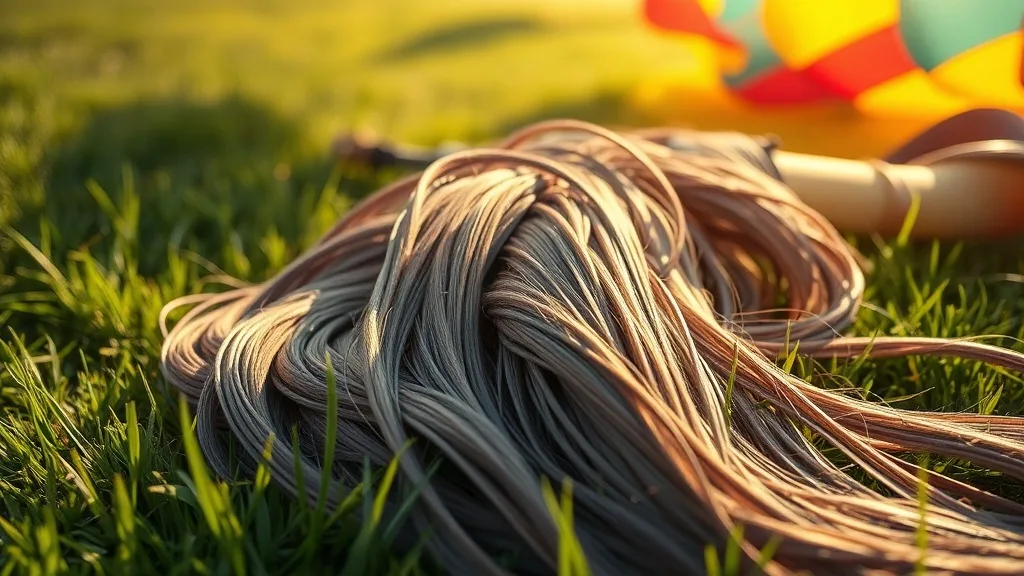 A close-up of a wig with visible tangles after a skydive, with a parachute in the background