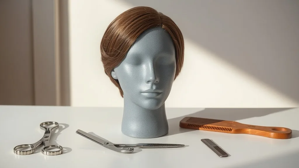 A mannequin head with a men's wig pinned, alongside professional hair cutting tools