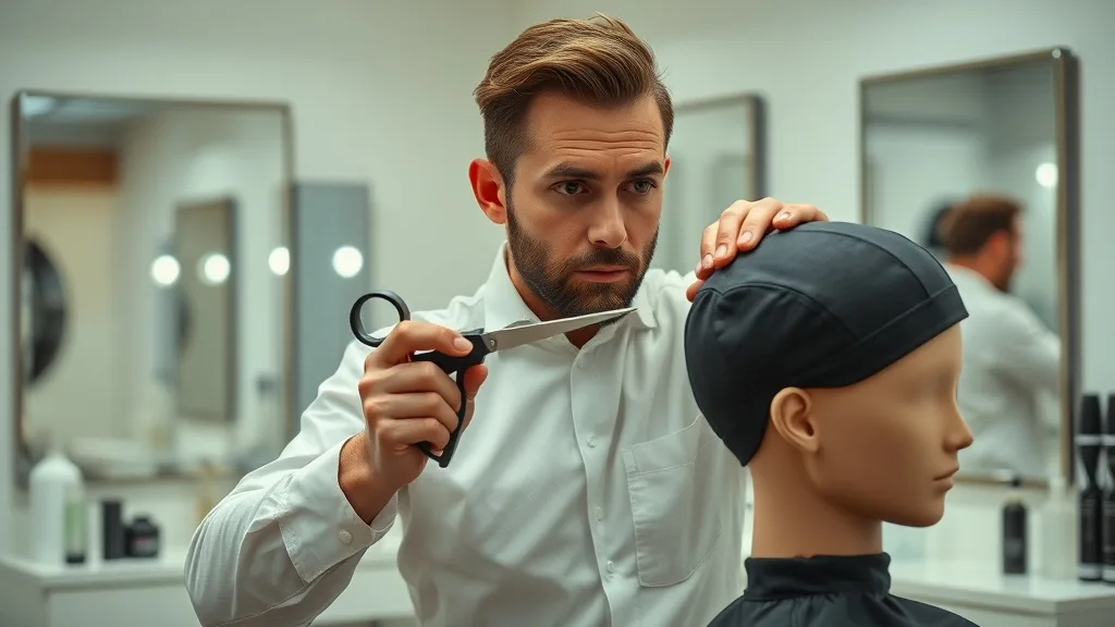 A professional male stylist carefully cutting a men's wig on a mannequin head
