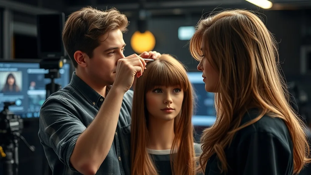 Film set scene with a wig stylist carefully adjusting a pre-plucked wig's hairline on an actor