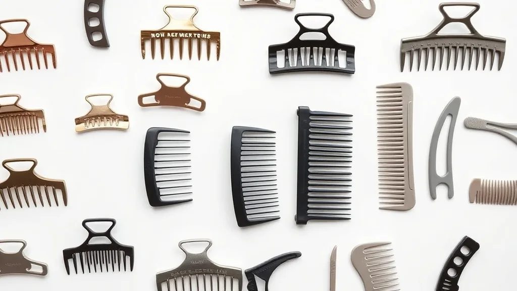 Assortment of wig attachment accessories including various clips and combs on a white surface