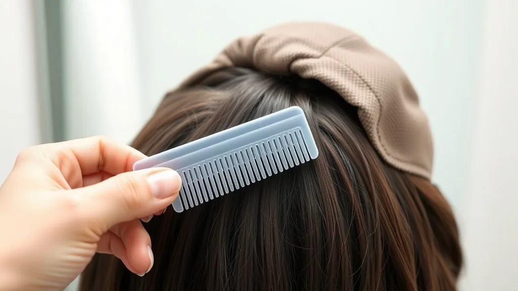 Side view of a wig comb being inserted into a wig cap against natural hair