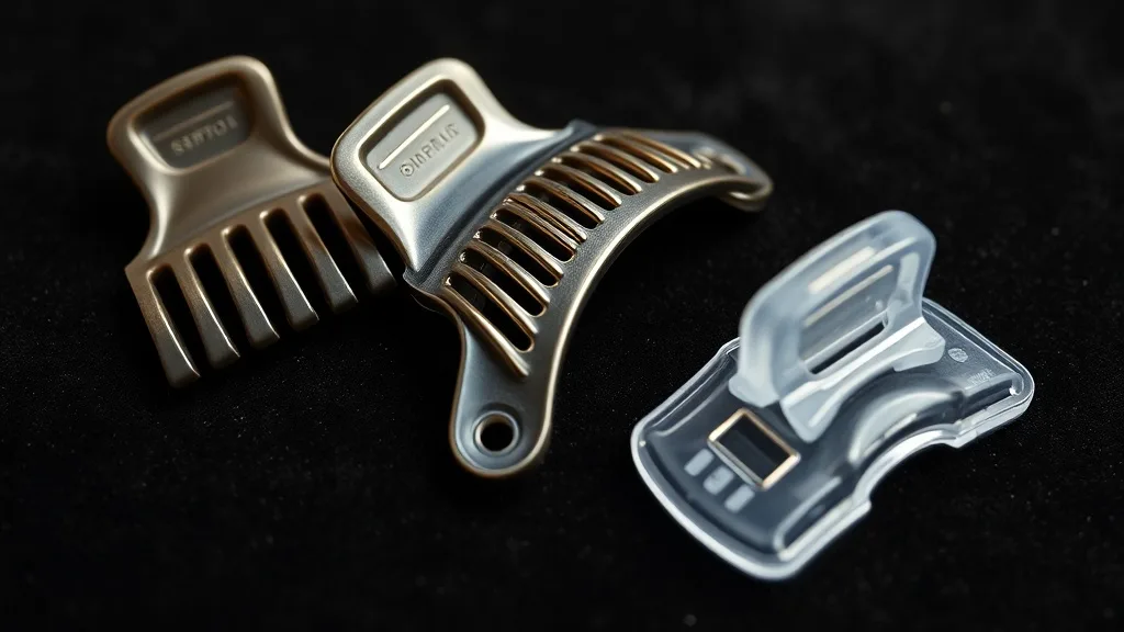 Close-up of various wig clips including snap clips, comb clips, and pressure-sensitive clips on a velvet surface