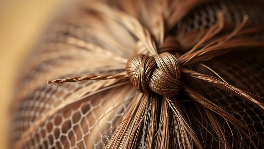 Macro shot of hand-tied knots on a wig cap, each hair individually knotted, showing the craftsmanship