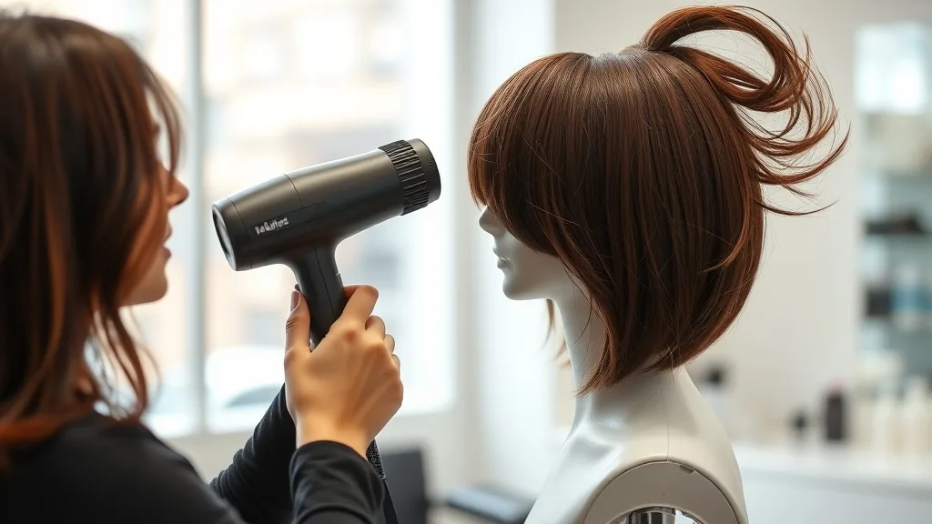 A woman stylist blow-drying a hand-tied bob wig on a mannequin, showing soft movement