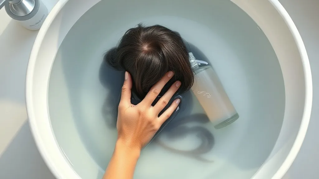 Close-up of hands submerged in cool water with wig shampoo, holding a lace front wig gently during washing