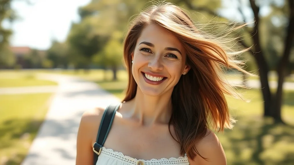 Woman wearing a monofilament wig smiling in a sunny outdoor setting, feeling cool breeze