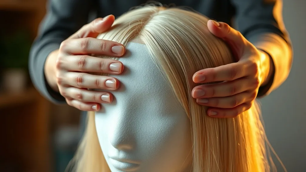 Close-up of hands carefully placing a blonde wig onto a foam wig stand, showing delicate manipulation