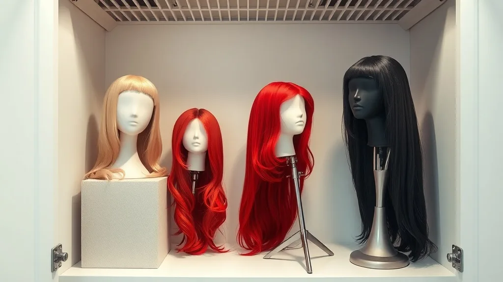 A neatly organized shelving unit with several wigs on various types of stands, demonstrating proper storage