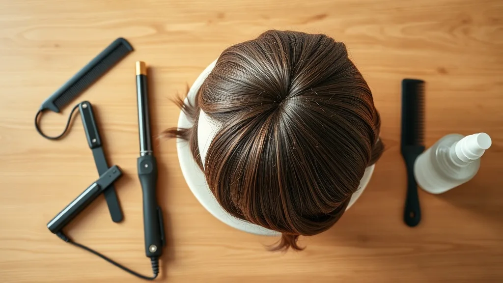 A brunette wig on a professional canvas stand with a curling iron and brush nearby, ready for styling