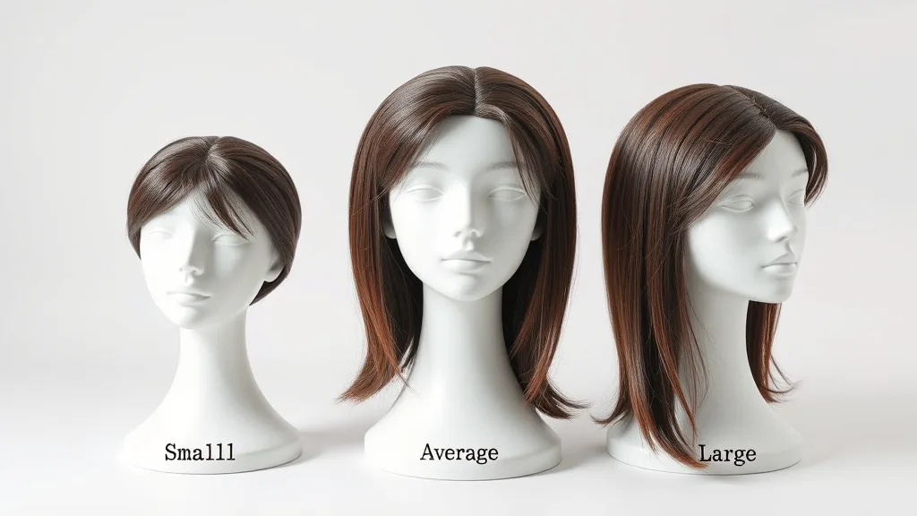 Three wig mannequin heads showing small, average, and large cap sizes for comparison